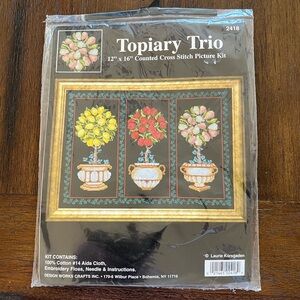 Topiary Trio | Floral | Green Ivy Border | 12”x 16” | Counted Cross Stitch
